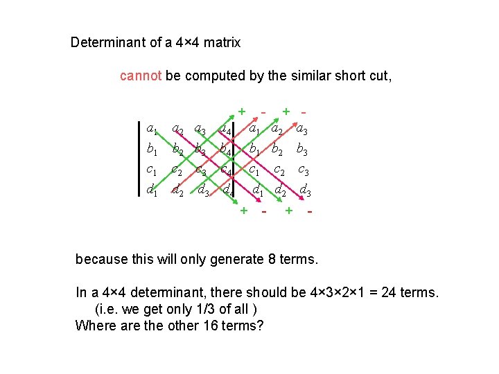 Determinant of a 4× 4 matrix cannot be computed by the similar short cut,