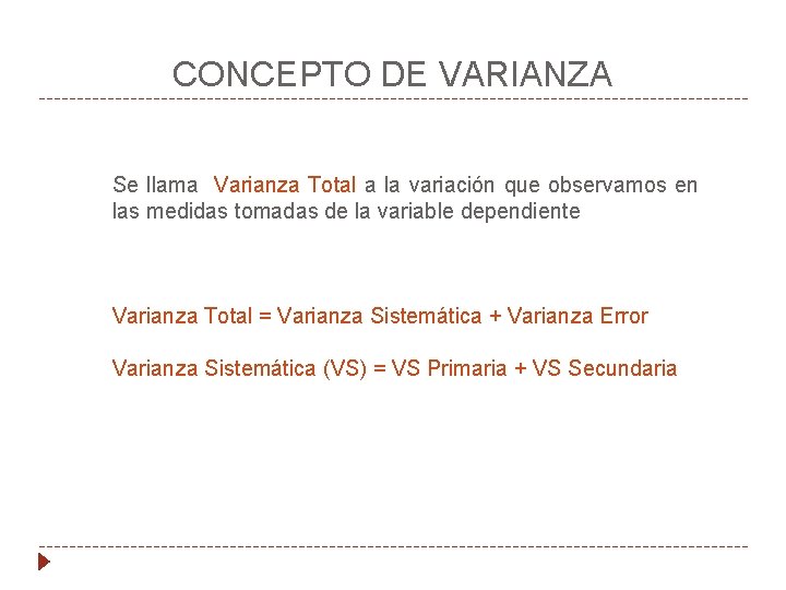 CONCEPTO DE VARIANZA Se llama Varianza Total a la variación que observamos en las