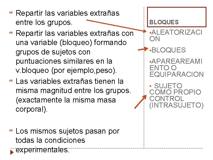  Repartir las variables extrañas entre los grupos. Repartir las variables extrañas con una