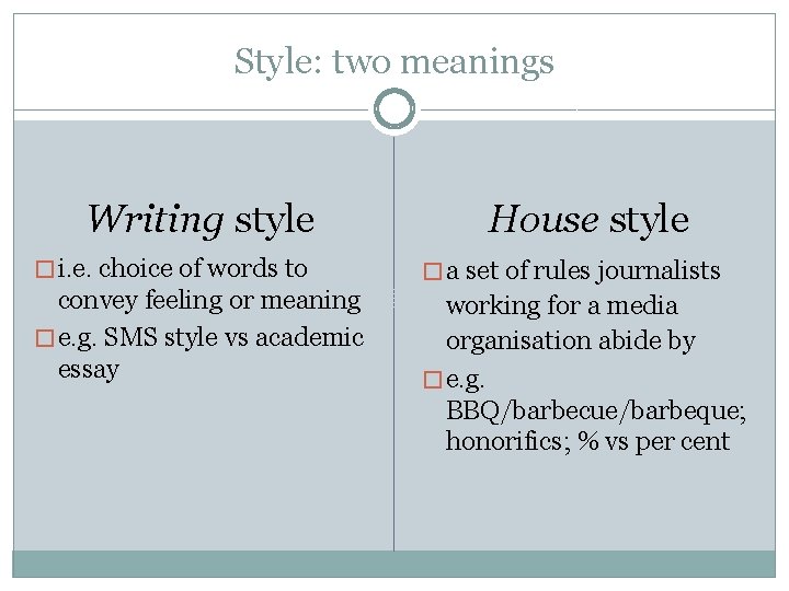 Style: two meanings Writing style � i. e. choice of words to convey feeling