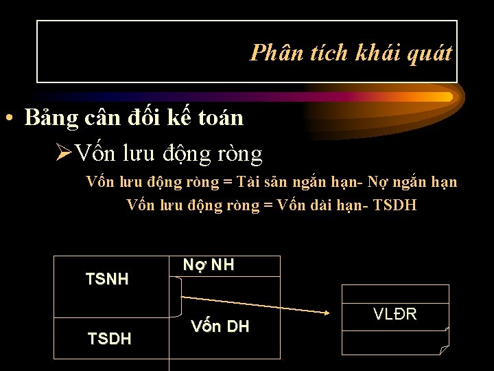 Phân tích khái quát • Bảng cân đối kế toán ØVốn lưu động ròng