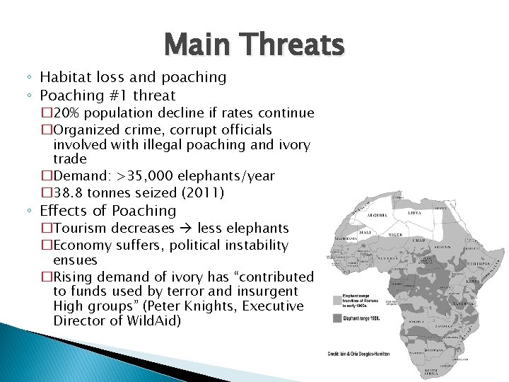 Main Threats ◦ Habitat loss and poaching ◦ Poaching #1 threat � 20% population Main Threats ◦ Habitat loss and poaching ◦ Poaching #1 threat � 20% population