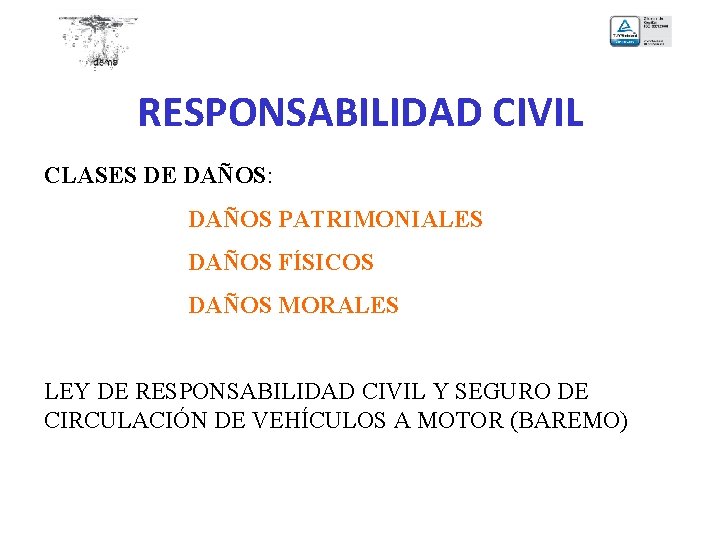 RESPONSABILIDAD CIVIL CLASES DE DAÑOS: DAÑOS PATRIMONIALES DAÑOS FÍSICOS DAÑOS MORALES LEY DE RESPONSABILIDAD