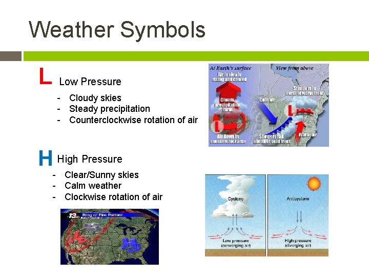 Weather Symbols L Low Pressure - Cloudy skies - Steady precipitation - Counterclockwise rotation