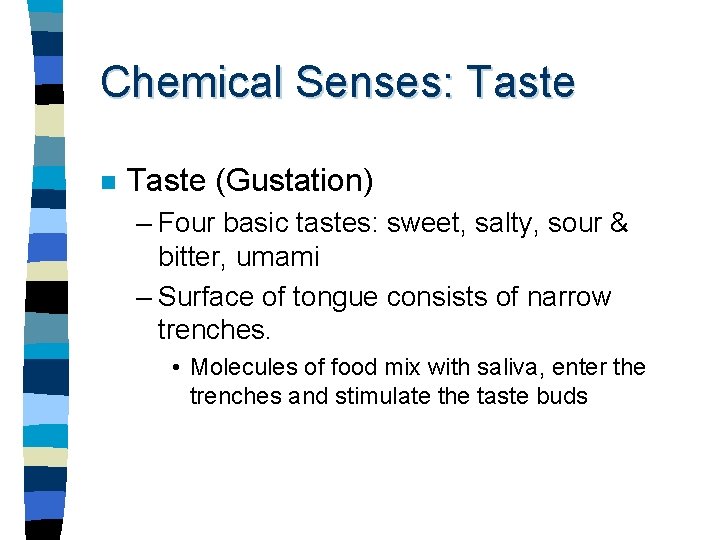 Chemical Senses: Taste n Taste (Gustation) – Four basic tastes: sweet, salty, sour &