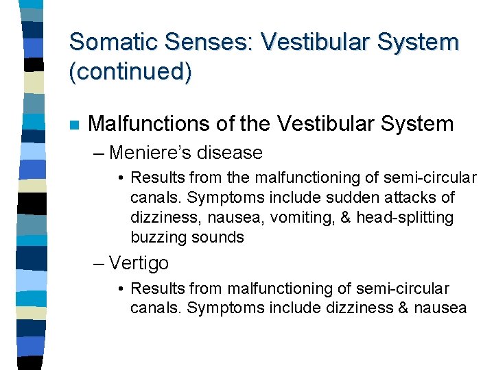 Somatic Senses: Vestibular System (continued) n Malfunctions of the Vestibular System – Meniere’s disease