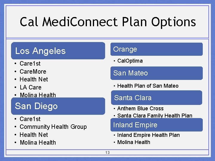 Cal Medi. Connect Plan Options Los Angeles Orange • • • Cal. Optima Care