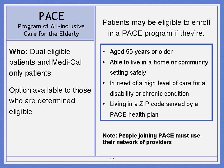 PACE Program of All-inclusive Care for the Elderly Who: Dual eligible patients and Medi-Cal