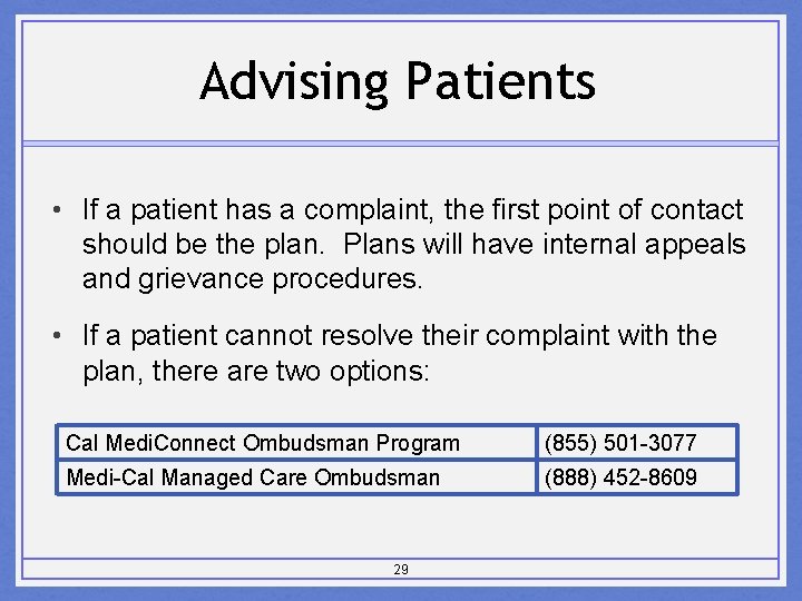 Advising Patients • If a patient has a complaint, the first point of contact