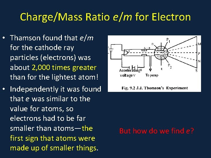 Charge/Mass Ratio e/m for Electron • Thamson found that e/m for the cathode ray