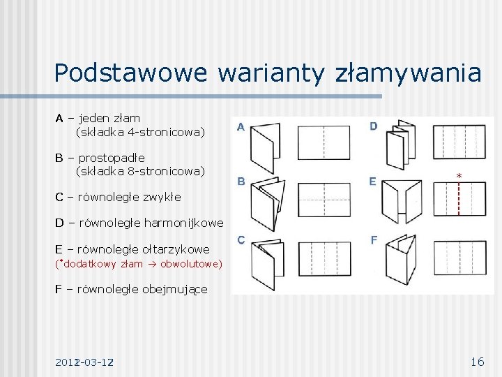 Podstawowe warianty złamywania A – jeden złam (składka 4 -stronicowa) B – prostopadłe (składka Podstawowe warianty złamywania A – jeden złam (składka 4 -stronicowa) B – prostopadłe (składka