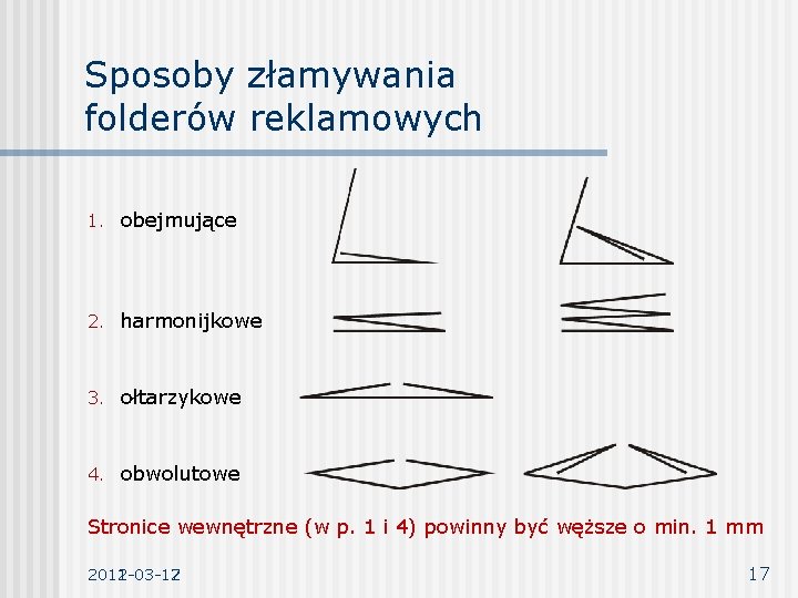 Sposoby złamywania folderów reklamowych 1. obejmujące 2. harmonijkowe 3. ołtarzykowe 4. obwolutowe Stronice wewnętrzne