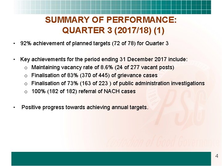 SUMMARY OF PERFORMANCE: QUARTER 3 (2017/18) (1) • 92% achievement of planned targets (72