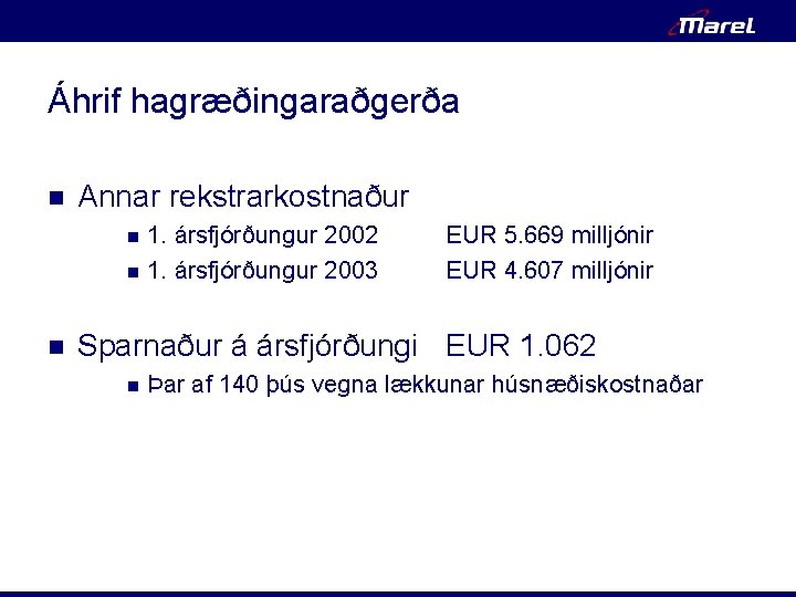 Áhrif hagræðingaraðgerða n Annar rekstrarkostnaður n n n 1. ársfjórðungur 2002 1. ársfjórðungur 2003