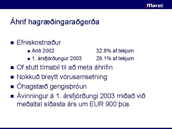 Áhrif hagræðingaraðgerða n Efniskostnaður n n n Árið 2002 1. ársfjórðungur 2003 32. 8%