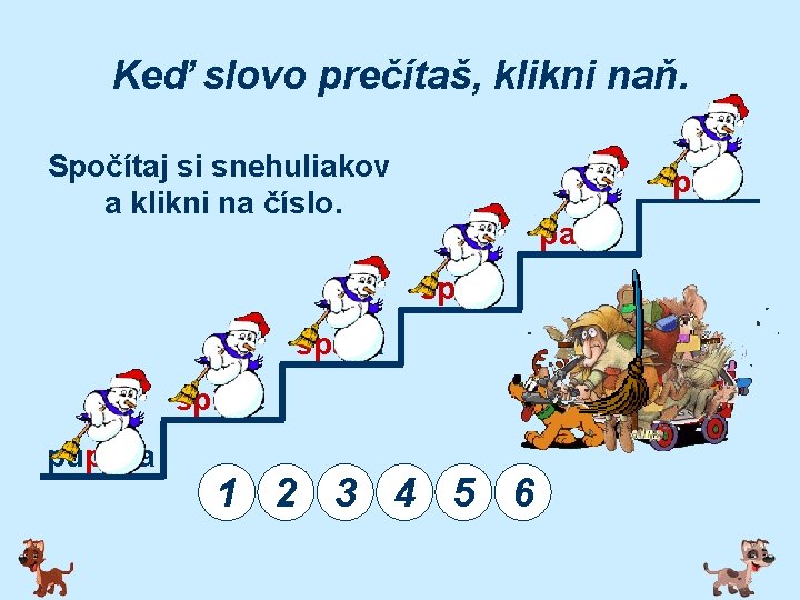 Keď slovo prečítaš, klikni naň. Spočítaj si snehuliakov a klikni na číslo. pije pasú