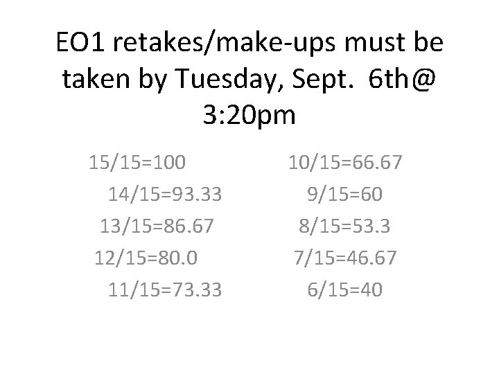 EO 1 retakes/make-ups must be taken by Tuesday, Sept. 6 th@ 3: 20 pm