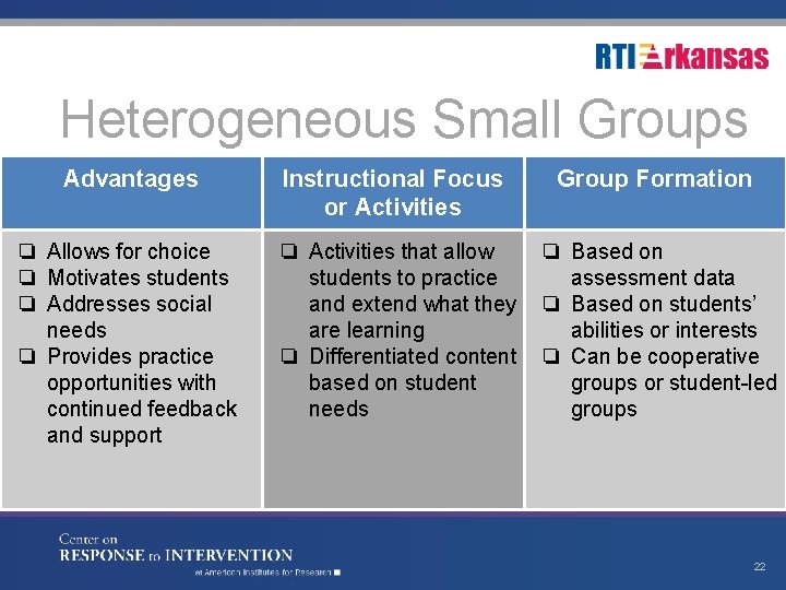 Heterogeneous Small Groups Advantages Instructional Focus or Activities Group Formation ❏ Allows for choice