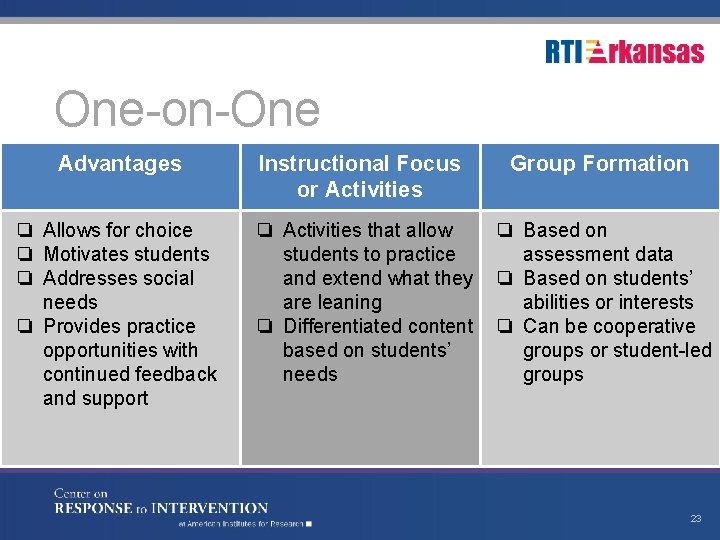 One-on-One Advantages Instructional Focus or Activities Group Formation ❏ Allows for choice ❏ Motivates