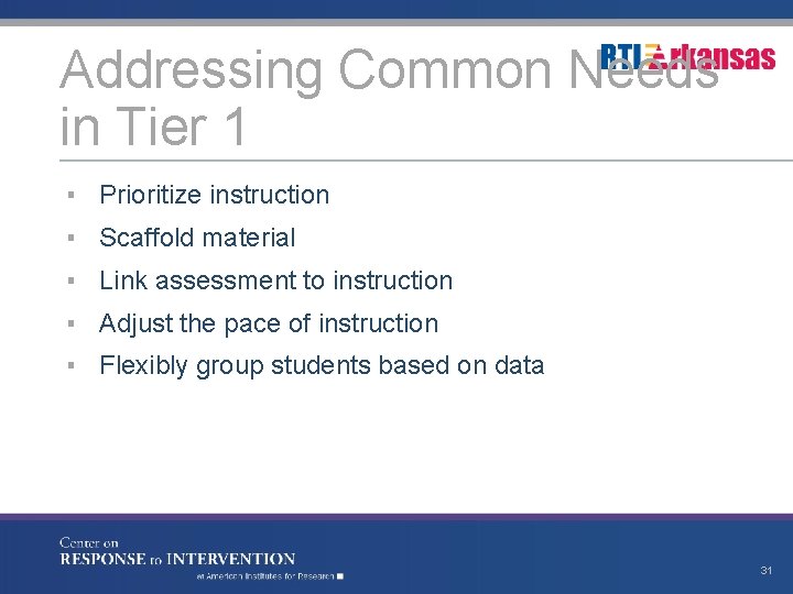 Addressing Common Needs in Tier 1 ▪ Prioritize instruction ▪ Scaffold material ▪ Link