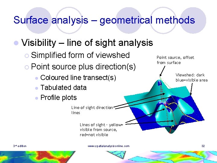 Surface analysis – geometrical methods l Visibility – line of sight analysis ¡ Simplified