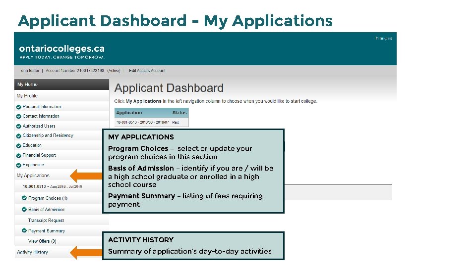 Applicant Dashboard - My Applications MY APPLICATIONS Program Choices – select or update your