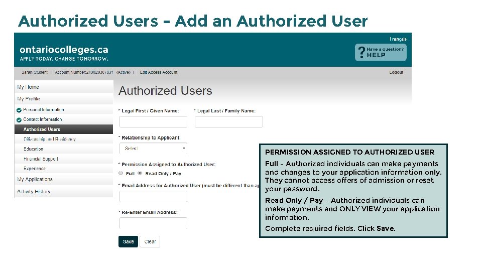 Authorized Users - Add an Authorized User PERMISSION ASSIGNED TO AUTHORIZED USER Full –