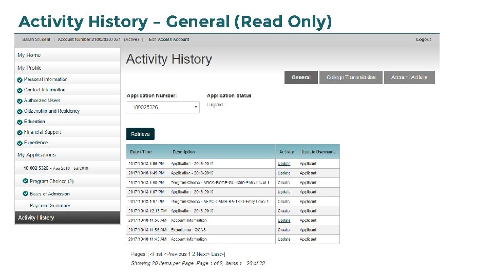 Activity History – General (Read Only) 