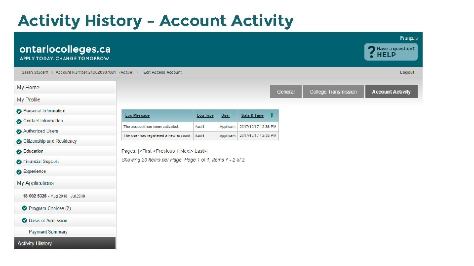 Activity History – Account Activity 