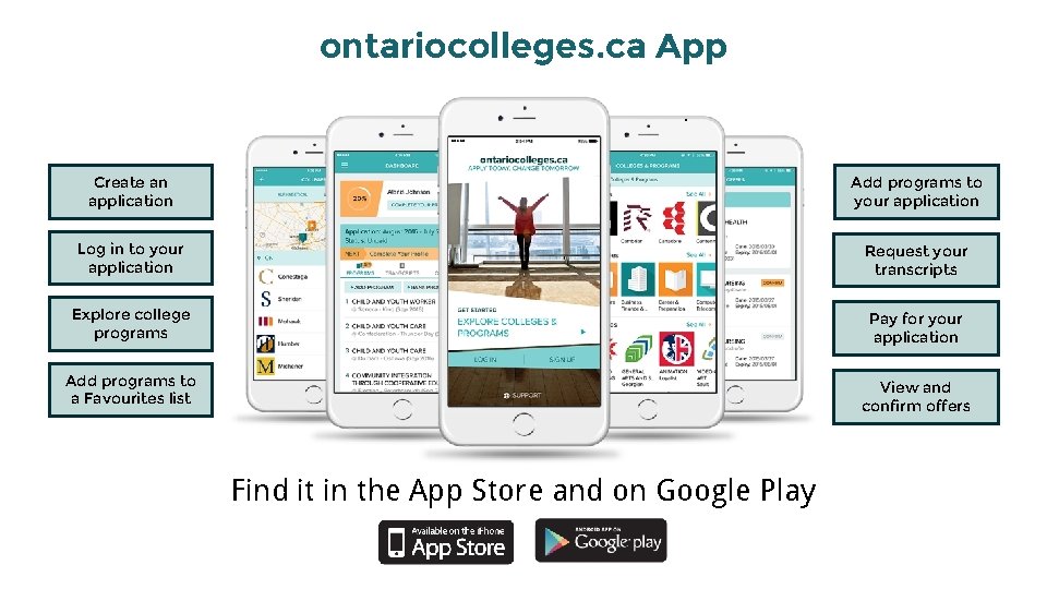 ontariocolleges. ca App. Create an application Add programs to your application Log in to
