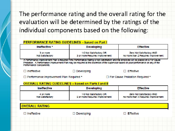 The performance rating and the overall rating for the evaluation will be determined by