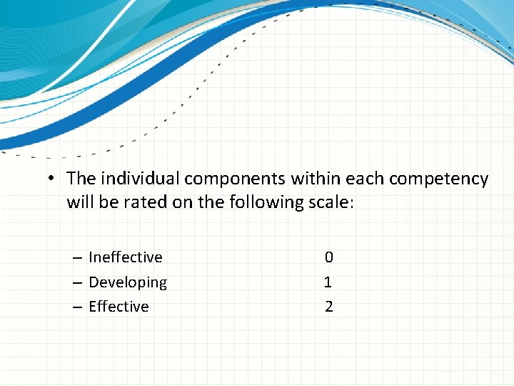  • The individual components within each competency will be rated on the following