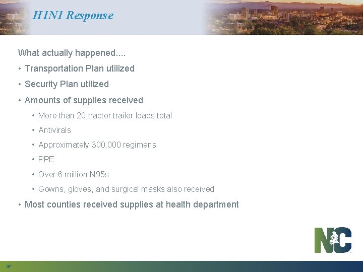 H 1 N 1 Response What actually happened. . • Transportation Plan utilized •