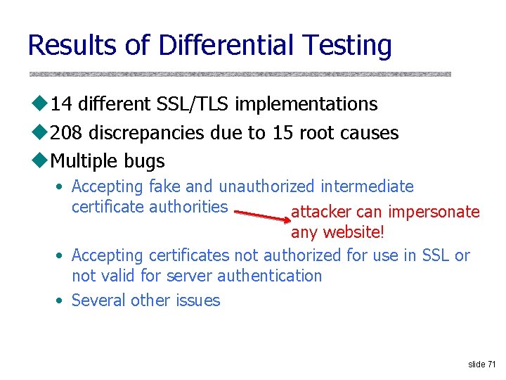Results of Differential Testing u 14 different SSL/TLS implementations u 208 discrepancies due to