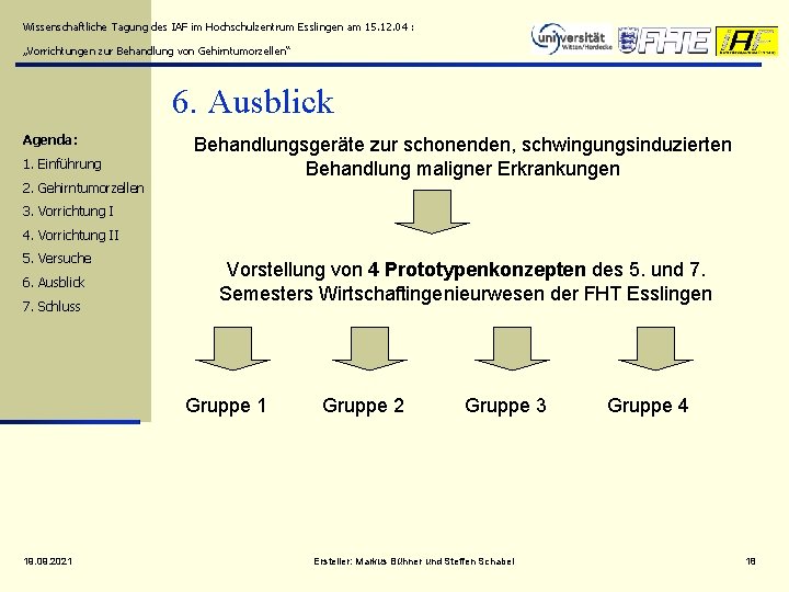 Wissenschaftliche Tagung des IAF im Hochschulzentrum Esslingen am 15. 12. 04 : „Vorrichtungen zur