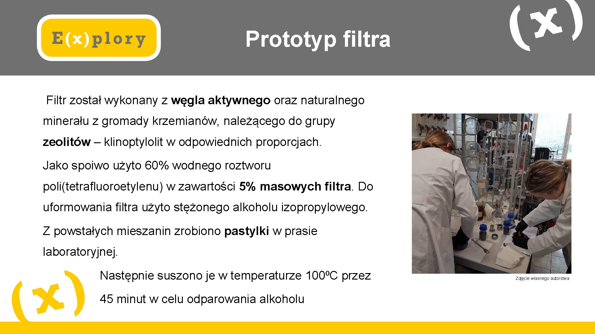 Prototyp filtra Filtr został wykonany z węgla aktywnego oraz naturalnego minerału z gromady krzemianów,