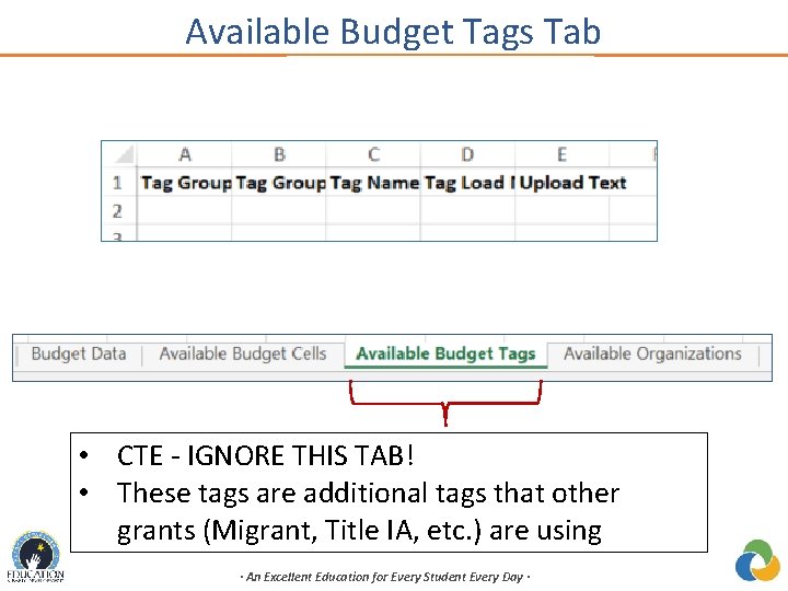 Available Budget Tags Tab • CTE - IGNORE THIS TAB! • These tags are