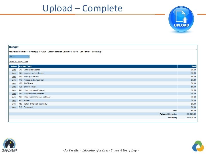 Upload – Complete · An Excellent Education for Every Student Every Day · 