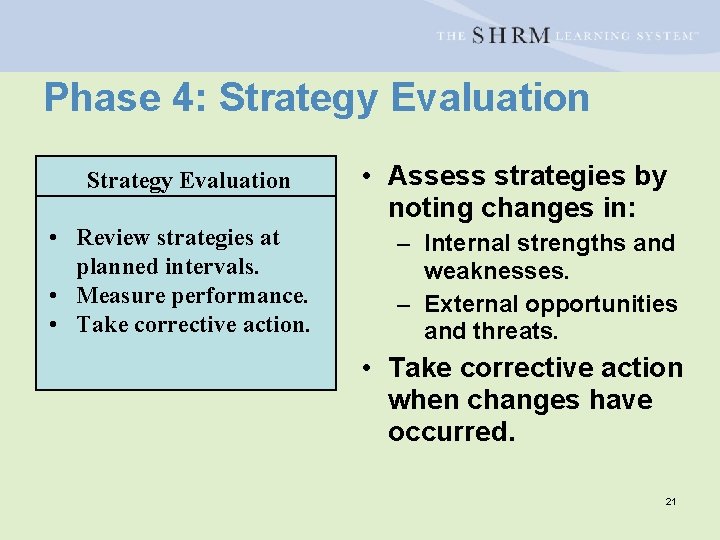 Phase 4: Strategy Evaluation • Review strategies at planned intervals. • Measure performance. •
