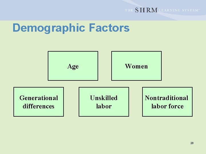 Demographic Factors Age Generational differences Women Unskilled labor Nontraditional labor force 28 