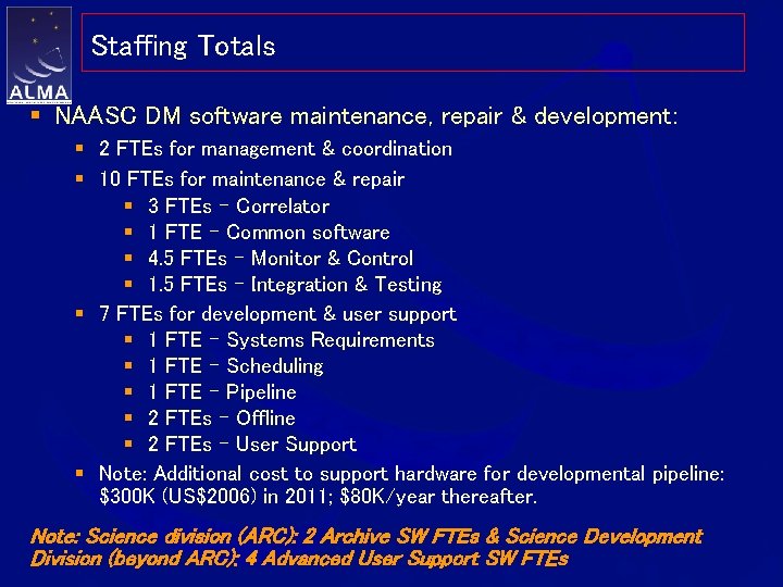 Staffing Totals § NAASC DM software maintenance, repair & development: § 2 FTEs for