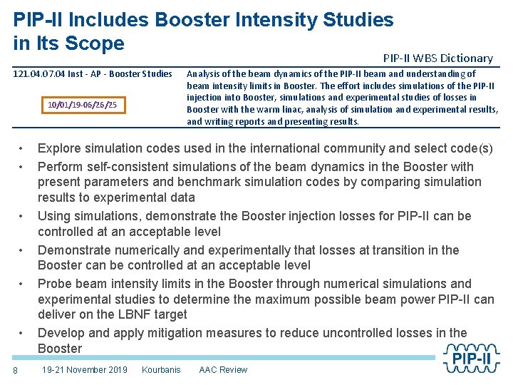 PIP-II Includes Booster Intensity Studies in Its Scope PIP-II WBS Dictionary 121. 04. 07.