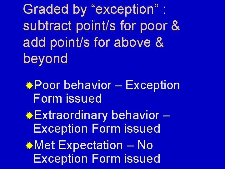 Graded by “exception” : subtract point/s for poor & add point/s for above &