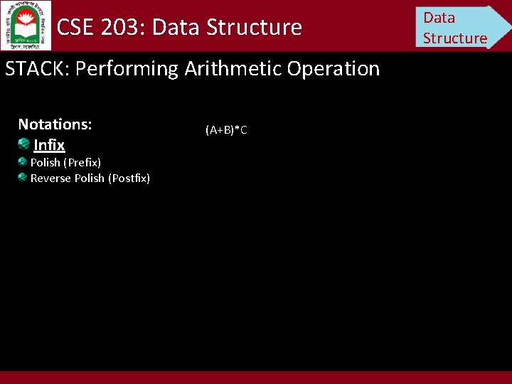CSE 203: Data Structure STACK: Performing Arithmetic Operation Notations: Infix Polish (Prefix) Reverse Polish