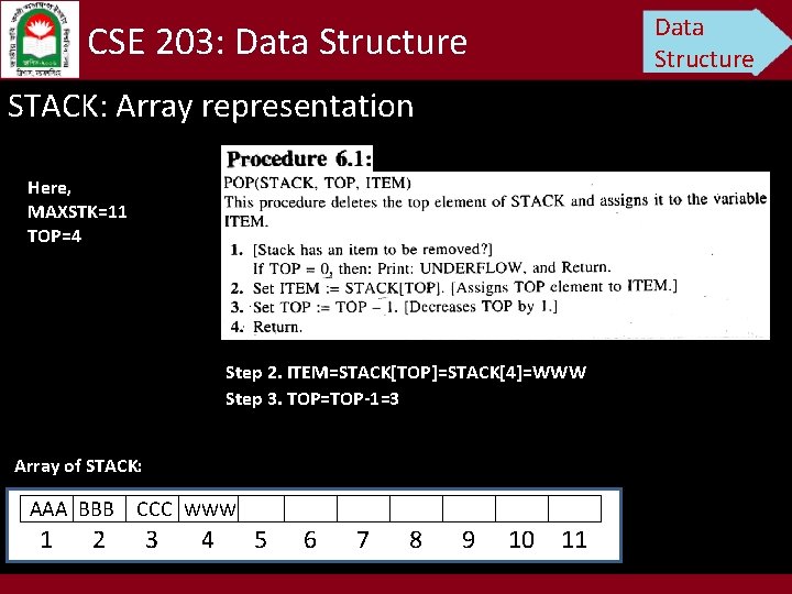 Data Structure CSE 203: Data Structure STACK: Array representation Here, MAXSTK=11 TOP=4 Step 2.