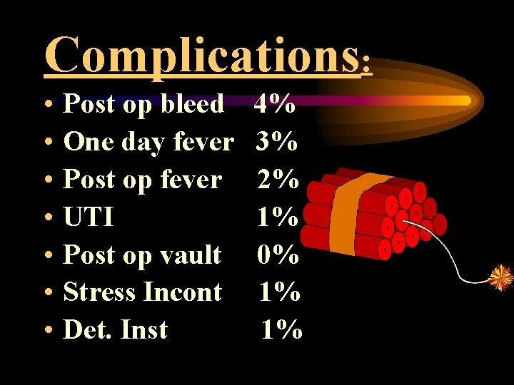 Complications: • • Post op bleed One day fever Post op fever UTI Post