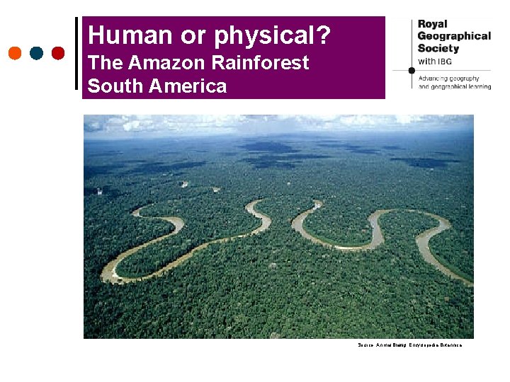 Human or physical? The Amazon Rainforest South America Source: Animal Blawg, Encyclopedia Britannica 