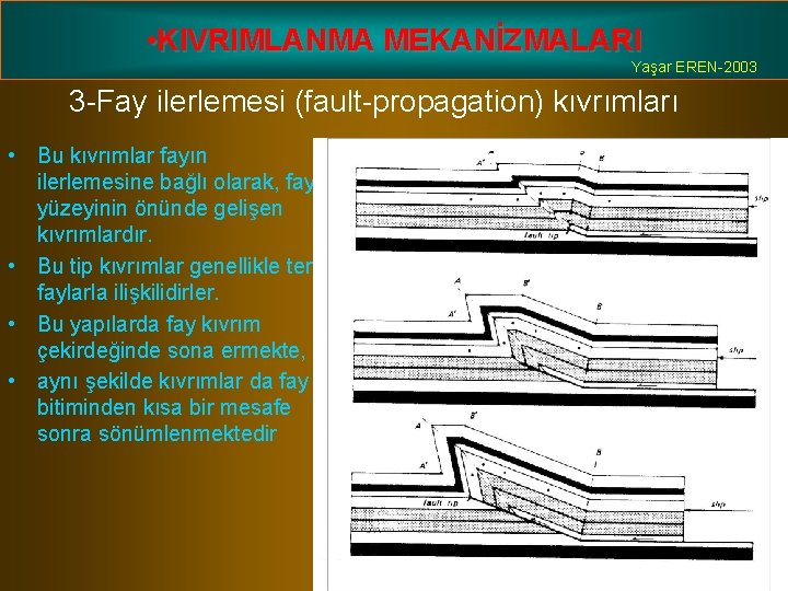  • KIVRIMLANMA MEKANİZMALARI Yaşar EREN-2003 3 -Fay ilerlemesi (fault-propagation) kıvrımları • Bu kıvrımlar