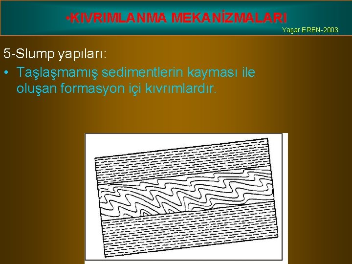  • KIVRIMLANMA MEKANİZMALARI Yaşar EREN-2003 5 -Slump yapıları: • Taşlaşmamış sedimentlerin kayması ile