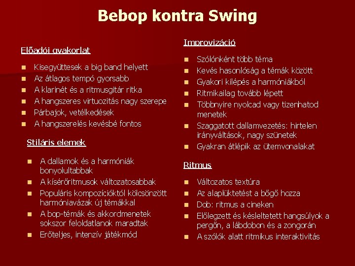 Bebop kontra Swing Előadói gyakorlat Kisegyüttesek a big band helyett Az átlagos tempó gyorsabb